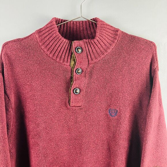 Chaps Sweater Mens L Red Knit Pullover Elbow Patch Quarter Button Mock Neck - Picture 4 of 10